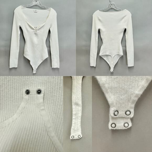 Abercrombie & Fitch Ivory Ribbed Plunge Knit Long Sleeve Bodysuit Size Small - Picture 15 of 16